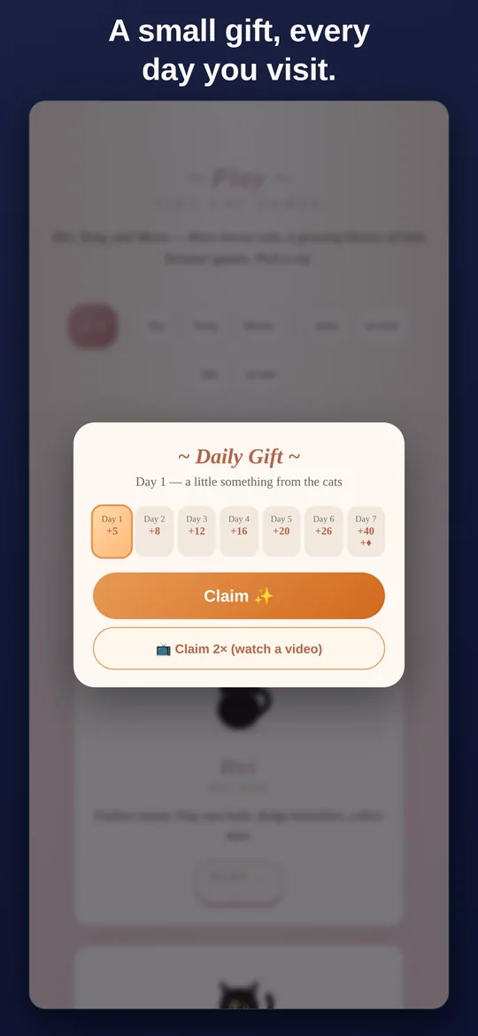 The daily gift panel: a seven-day row with today highlighted and a Claim button.