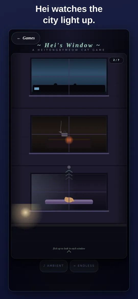 Hei's Window running in portrait: a dark city skyline with Hei's mint-green eyes glowing in one of the windows.