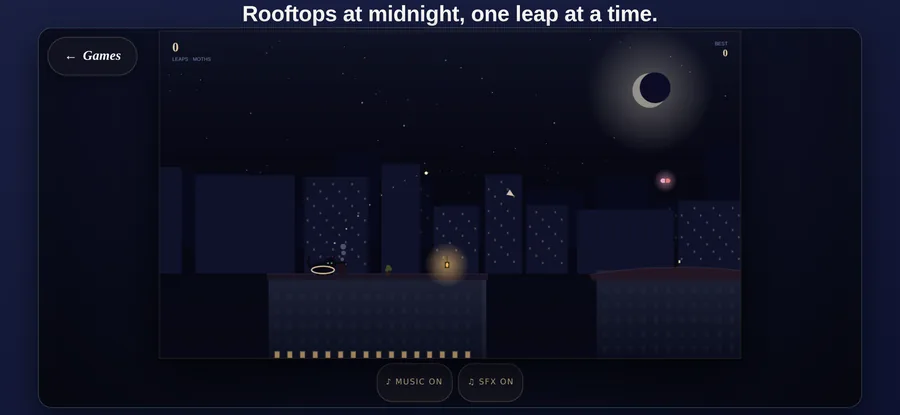 Rooftops in landscape: Hei mid-leap across moonlit rooftops against a dark navy sky.
